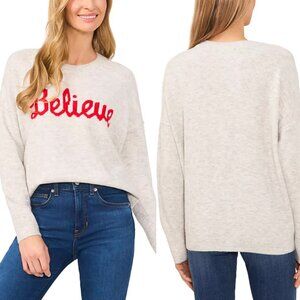 CeCe Believe Script Graphic Long-Sleeve Cozy Pullover Sweater M Light Grey $69